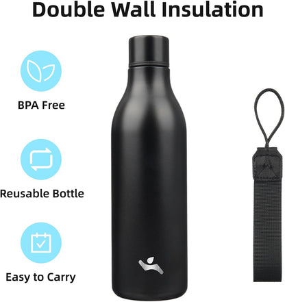Insulated Water Bottle with Strap,25 oz Double Wall Stainless Steel Vacuum Bottles Metal Water Flask,Black