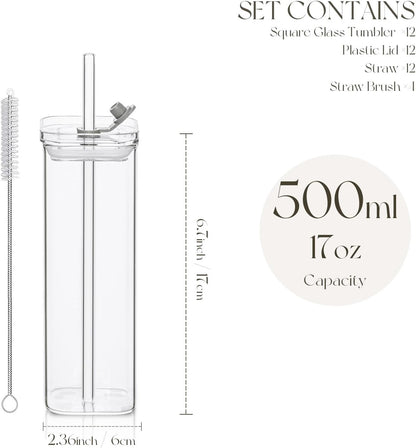 12 Sets Square Drinking Glass Cups with Lids & Straws, 17 Oz Clear Highball Glasses for Cocktail, Iced Coffee, Juice, Beer - Modern Glass Tumblers