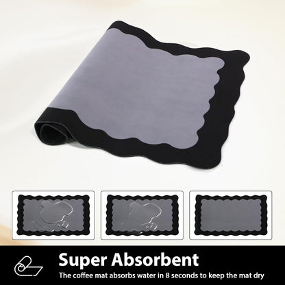 Scalloped Coffee Bar Mat for Countertop, Cute Dish Drying Mats for Kitchen Counter, Diatomite Absorbent Mat for Coffee Station, Kitchen Aesthetic Decor (12"x19", Black)