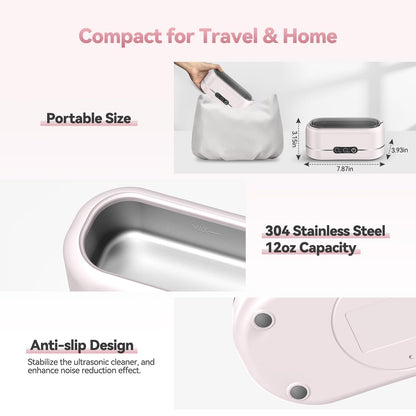 Ultrasonic Jewelry Cleaner, Upgraded 48KHz Ultrasonic Cleaner Machine with 304 Stainless Steel for Jewelry, Eyeglasses, Rings, Dentures, Watch Strap（Light Pink）