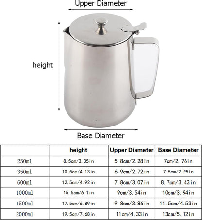Stainless Steel Milk Frothing Pitcher, Stainless Steel Coffee Cup Mug Milk Frothing Pitcher Jug with Lid for Latte Coffee Art for Office Kitchen with handle(2000ml)