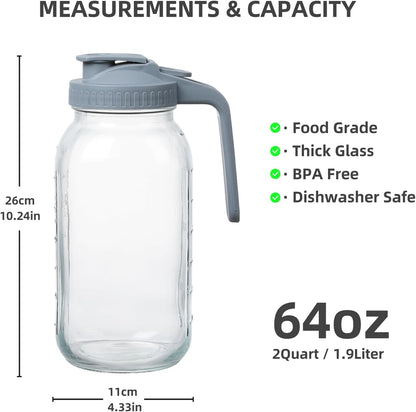Glass Mason Jar Pitcher with Pour Spout Handle Lid, Breast Milk Pitcher Jug for Ice Tea, Cold Brew Coffee, Fridge Water, Juices, Leak Proof Storage Container