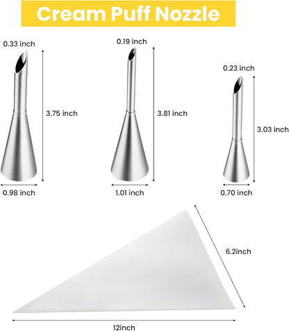 3Pcs Cream Icing Piping Nozzle Tips,Stainless Steel Long Puff Nozzle Tip With 10Pcs Disposable Piping Bags,Puff Pastry Filling Cake Decorating Tools