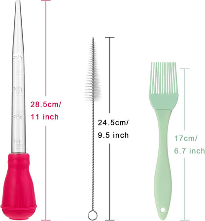 Nylon Heat-resistant Turkey Baster Cooking Set Includes Meat Baster, 1 Silicone Basting Brush and 2 Cleaning Brush for BBQ Grill Baking Kitchen Cooking (7 Pieces, Multicolor)