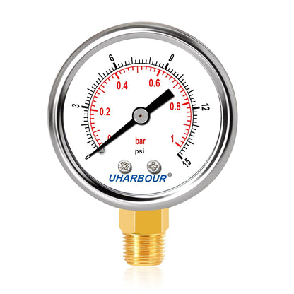 Lead-Free Water Pressure Gauge Liquid Filled 0-15Psi 2" Dial, Stainless Steel Case, 1/4" NPT Lower Mount, Water Pressure Gauge for Home