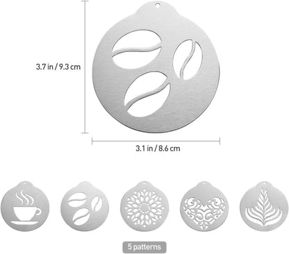 5Pcs Stainless Decorating Stencils, Metal Foam Latte Art Templates, Reusable Cappuccino Chocolate Templates Coffee Garland Mould Cake Decorating Tool