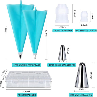 55PCS Piping Bags Tips Set Reusable Pastry Bags and Frosting Tips Cakes Decorating Kit for Cookie Icing, 2 Icing Bags, 49 Icing Tips, 3 Couplers, 1 Storage Box
