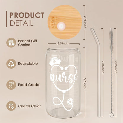 SANDJEST Nurse Glass Can, Nutrition Facts Cup with Lid & Straw, Iced Coffee Aesthetic Cups, Idea Gift for Christmas Birthday Nurse Week, Gifts for Women, 16oz
