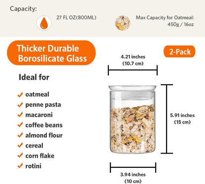 ZENS 27oz Glass Jars with Airtight Lid Set of 2, Clear Glass Storage Containers, Glass Kitchen Canisters with Airtight Lids, Coffee Jars for Brown Sugar, Pantry Organization