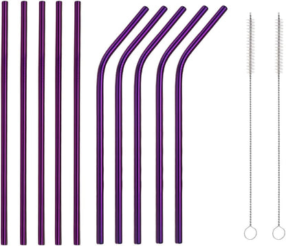 10 Pcs Stainless Steel Straws, Reusable Drinking Straws, 5 Straight + 5 Bent Metal Straws Set With 2 Pcs Cleaning Brushes (Purple, 10.5 Inch)