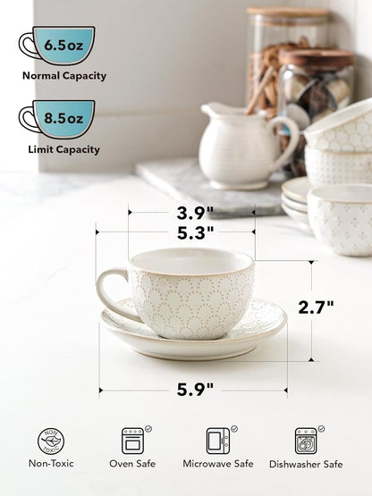 LE TAUCI Cappuccino Cups with Saucers 8 oz, Ceramic Large Coffee Cup for Au Lait, Double shot, Latte, Cafe Mocha, Tea, Dishwasher Safe - Set of 4, Arctic white
