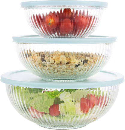 WhiteRhino Glass Mixing Bowls with Lids Set of 3(3.7QT, 2.1QT, 1.1QT),Large Kitchen Salad Bowls, Space-Saving Nesting Bowls, Clear Glass Serving Bowls for Cooking,Baking,Prepping,Dishwasher Safe