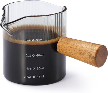 Espresso Cups 3 OZ, Double V-Shaped Spouts Cups, Espresso Shot Glasses with Wood Handle, Ribbed Milk Measuring Cup