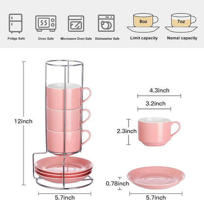 8 Ounce Porcelain Cappuccino Cups with Saucers and Silver Stand, Pink Cups Set of 4