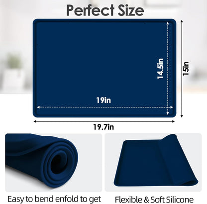 TOHONFOO Silicone Coffee Maker Mat with Lip, 19.7'' x 15'' Heavy Duty Coffee Maker Mat for Countertops, Coffee Tray Fit Under Coffee Machine Appliance Automatic Machines Espresso Accessory, Navy Blue