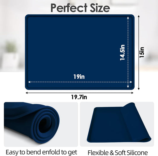 TOHONFOO Silicone Coffee Maker Mat with Lip, 19.7'' x 15'' Heavy Duty Coffee Maker Mat for Countertops, Coffee Tray Fit Under Coffee Machine Appliance Automatic Machines Espresso Accessory, Navy Blue