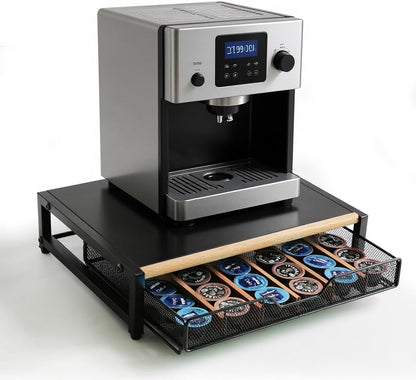 Coffee Pod Drawer,Coffee Station Organizer for Coffee Pod Storage,Movable Solid Wood Partition Board, Counter Coffee Bar Accessories for Nespresso Pods,Cream, Spoon, Sugar（Black)