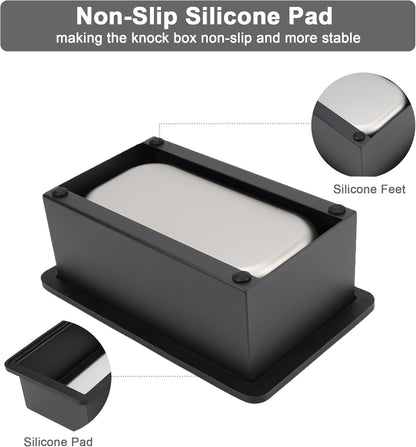 Espresso Knock Box, Coffee Knock Box for Espresso Grounds Disposal, Large Capacity, Equipped with Noise Reduction Rubber Ring & Steel Holder, Ideal Tool for Espresso Machines, Black (Large)