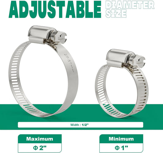 10PCS Hose Clamps Stainless Steel Adjustable 1"–2"(27-51mm) Worm Gear Hose Clamp, Heavy Duty Metal Small Hose Clamps for Automotive, Pipe, Radiator Plumbing, Fuel Line