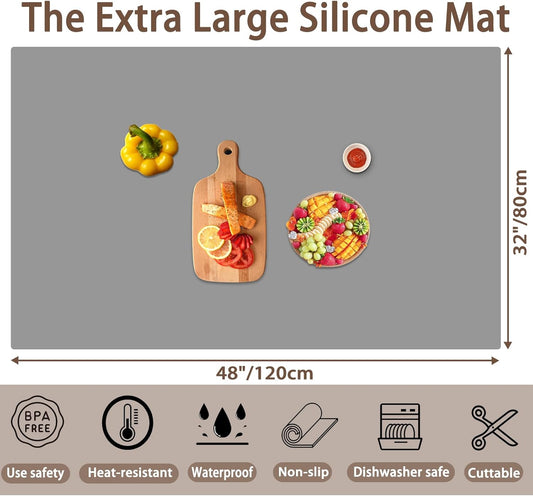 Silicone Mats for Kitchen Counter, 48"x32"(120cmx80cm) Large Heat Resistant Mat Kitchen Island Waterproof Countertop Protector Mat Nons-slip Extra Large Counter Mat, Light Gray
