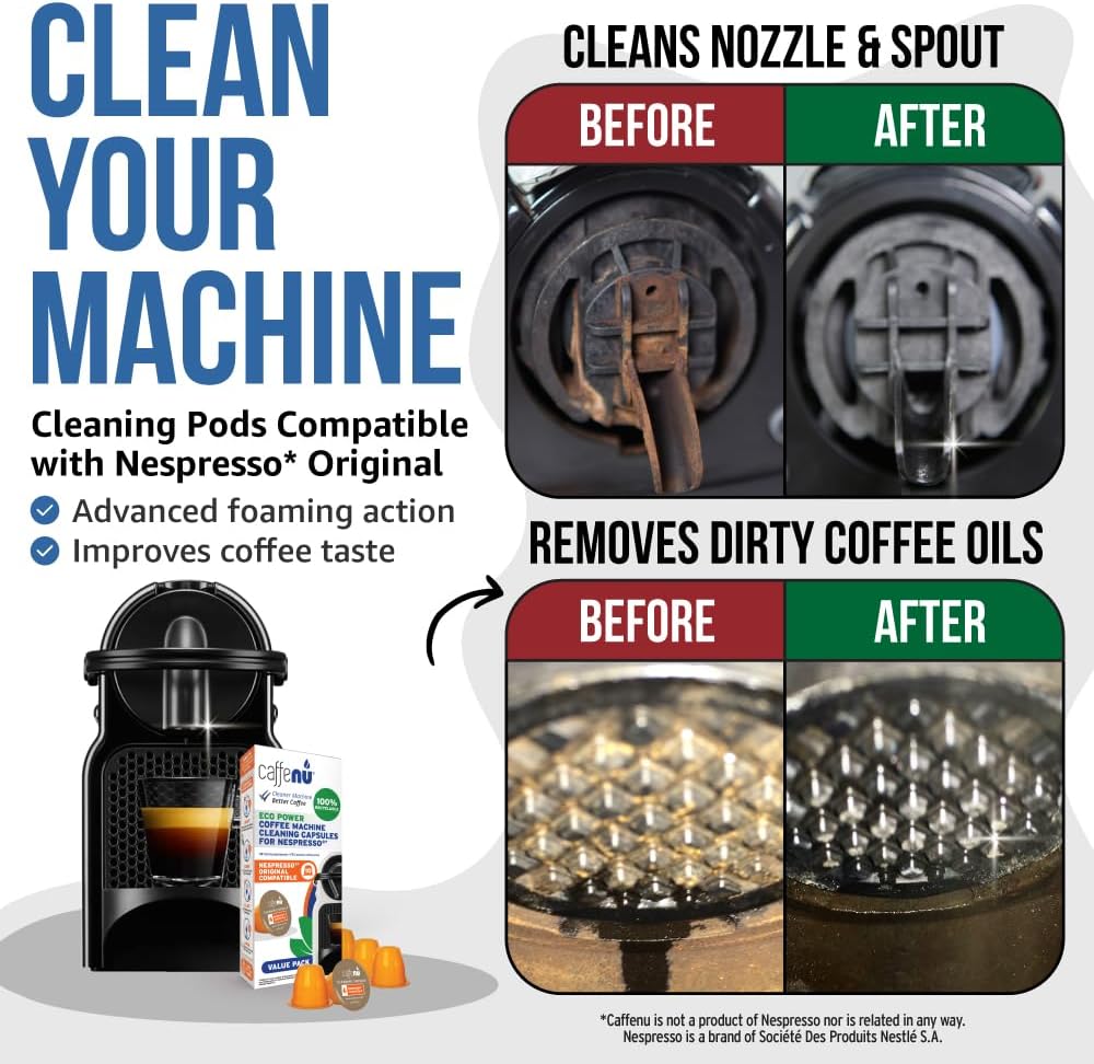 Nespresso Compatible Cleaning Pods. 10 Cleaner Capsules. Improved Coffee Flavor. For Nespresso Originaline, Use with Descaling Kit.