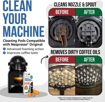 Nespresso Compatible Cleaning Pods. 10 Cleaner Capsules. Improved Coffee Flavor. For Nespresso Originaline, Use with Descaling Kit.