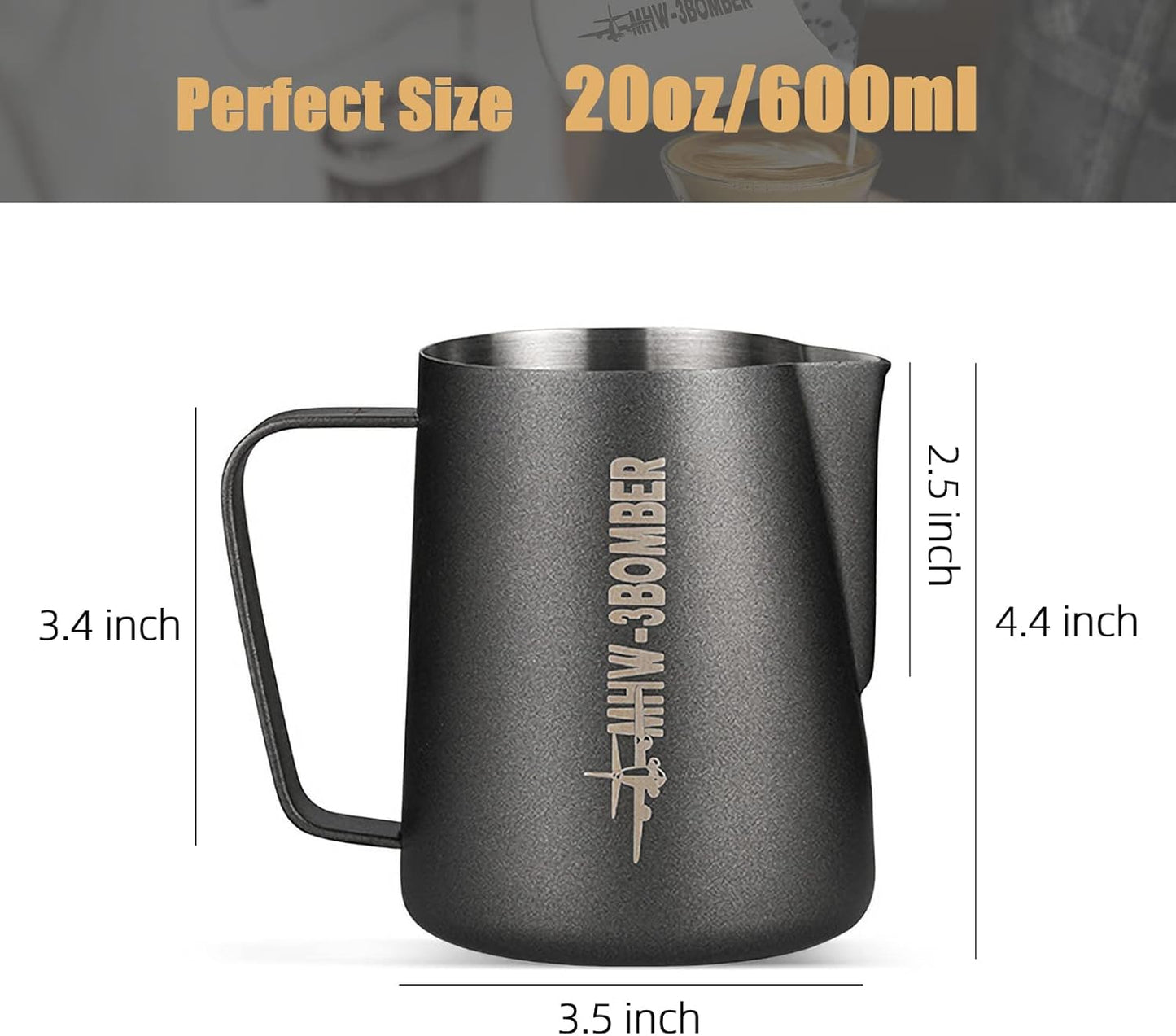 MHW-3BOMBER Milk Frothing Pitcher, 20oz/600ml Milk Frother Cup for Barista, SUS304 Stainless Steel Espresso Steaming Pitchers for Milk/Coffee/Latte Art (Matte Black) P3014B-OS