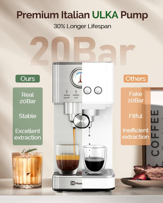Maestri House Espresso Machine, 20 Bar ULKA Pump, Compact Espresso Maker Built-in Flow Meter Steam Milk Frother, Stainless Steel Coffee Machine for Cappuccino, Latte (Silver)