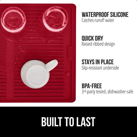 GORILLA GRIP 100% BPA-Free Patented Silicone Dish Drying Mat for Kitchen Counter, Water Catching Ribbed Design, Easy Clean Waterproof Sink Liner, Heat Resistant, Fits Under Rack, 16x12 Inch, Red
