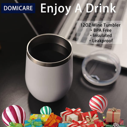 DOMICARE Stainless Steel Wine Tumbler Bulk with Lid, Personalized White Insulated Tumblers Set, 12oz Travel Coffee Cups Pack of 4