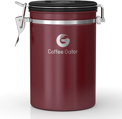 Coffee Gator Coffee Canister, 22oz Airtight Stainless Steel Kitchen Food Storage Container with Date Tracker, Valve, Scoop for Sugar, Grounds, Beans, Tea, Sugar, Cereal, Flour, Cookies Jars - Red