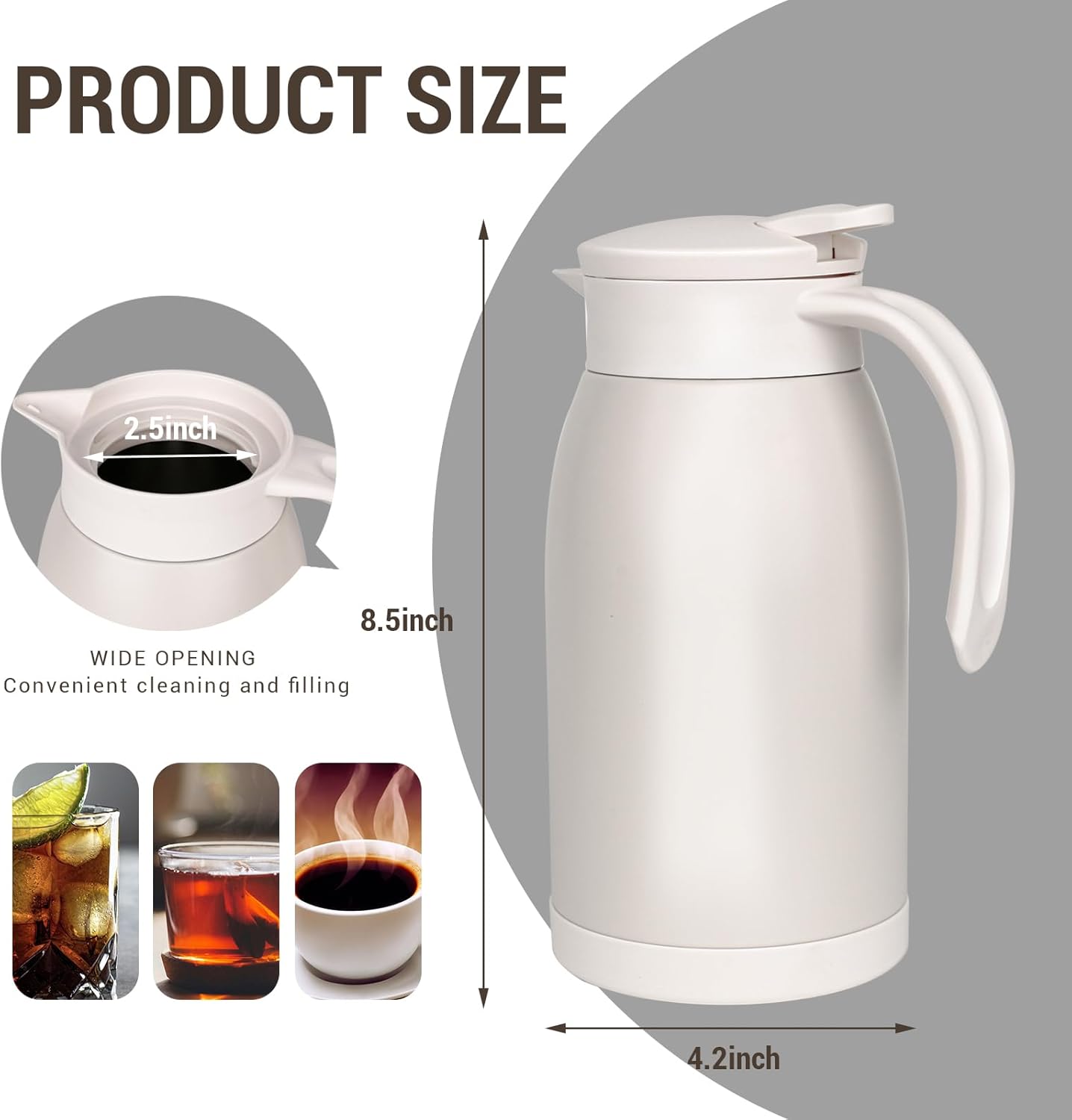 41 Oz Thermal Coffee Carafe Stainless Steel Insulated Thermos Double Wall Vacuum Flask Leak-Proof Thermos for Travel Office School Party Camping Use-Milk rice white