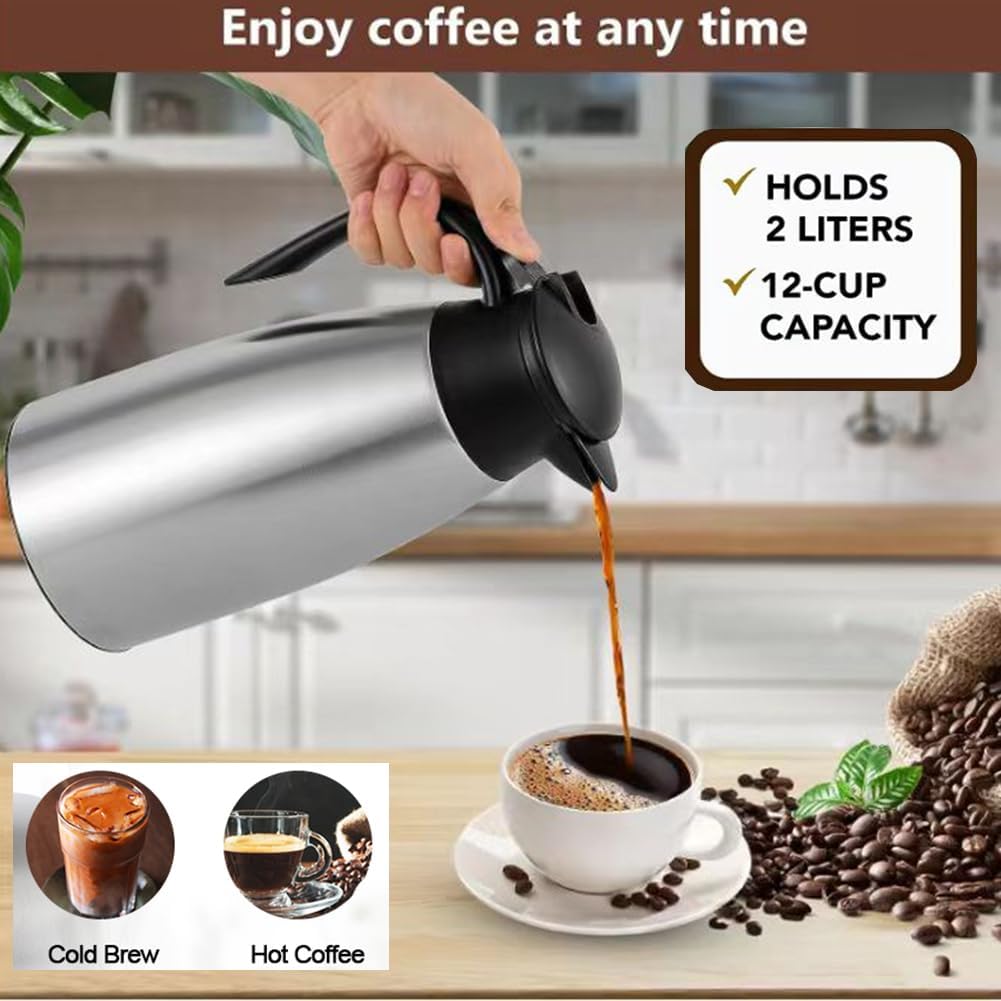 Thermal Coffee Carafe 70 oz / 2L Insulated Stainless Steel, Coffee Carafes Double Walled Vacuum Pot Flask - Hot Beverage Dispenser/Water, Tea - Keep 12/24 Hours Hot/Cold (Silver)