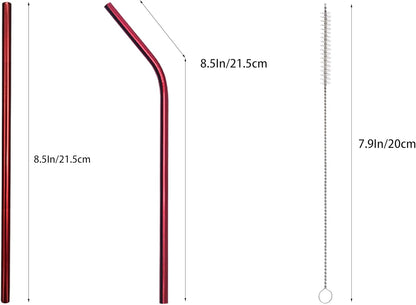 10 Pcs Stainless Steel Straws, Reusable Drinking Straws, 5 Straight + 5 Bent Metal Straws Set With 2 Pcs Cleaning Brushes (Red, 8.5 Inch)