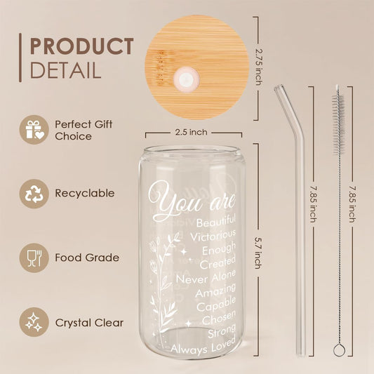 SANDJEST Inspiration Glass Can, Positive Motivational Cup with Lid & Straw, Iced Coffee Aesthetic Cups, Idea Gift for Christmas Birthday Mother Day, Gifts for Women, 16oz