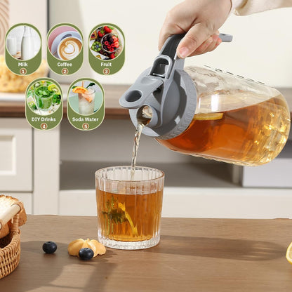 Glass Tea Pitcher with Wide Mouth Airtight Lid Leak Proof Fridge Container with Gray Lid Mason Jar for Water, Tea,Juice and Drinks (1 Pack-64OZ)