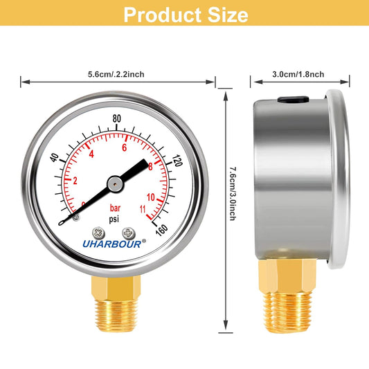 Lead-Free Pressure Gauge 0-160psi 1/4" NPT Lower Mount 2" Dial Stainless Steel Case, Pressure Gauge for Water Air RV