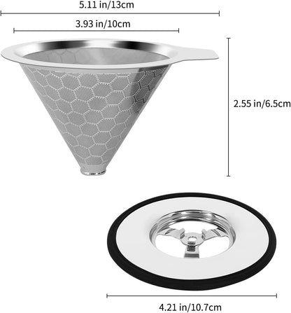 LHS Pour Over Coffee Dripper Reusable Coffee Filter Metal Cone Filter Paperless Coffee Filter Stainless Steel Pour Over Coffee Maker Single Cup Brew Coffee Filter, Double Mesh