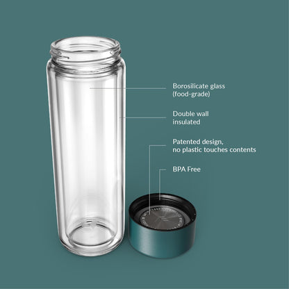Glass Multi Tea Infuser Bottle 14oz - Double Wall Borosilicate Glass Flask | No Plastic Touches Contents | Perfect for Office or Home - Dark Green