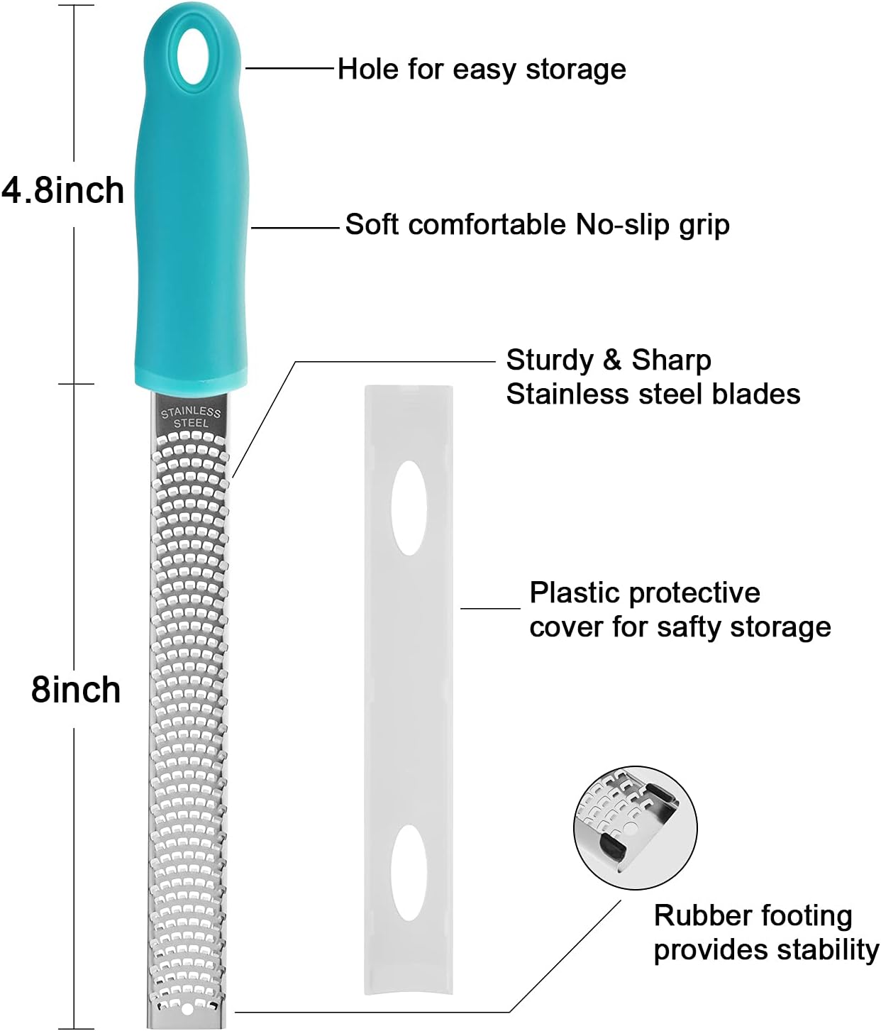 Lemon Zester, Stainless Steel Kitchen Cheese Grater, Plastic Cover Ergonomic Soft Blue Handle