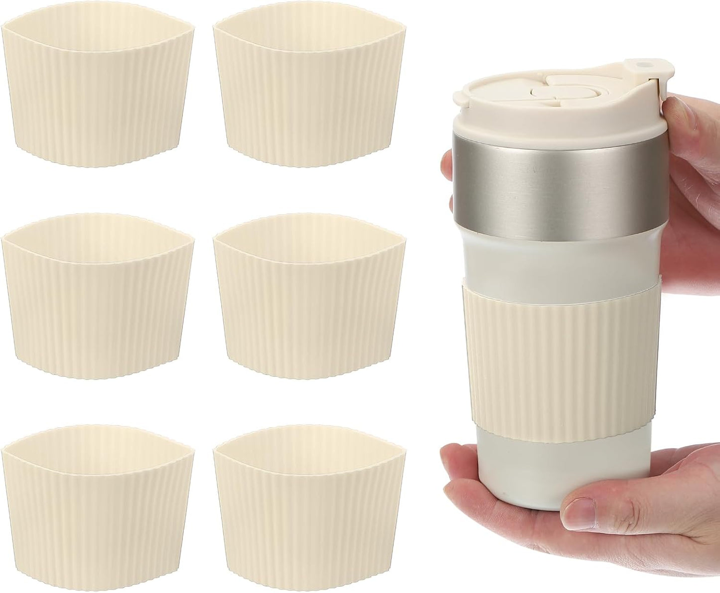uxcell 6Pack Coffee Cup Sleeves, Reusable Silicone Heat Resistant Cup Protective Sleeve Nonslip Mug Protector Cover for Home Travel Coffee Mug Glasses Water Bottle Boots, Cream White