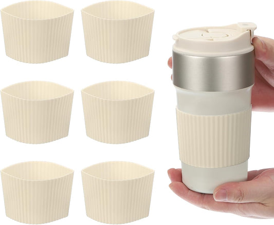 uxcell 6Pack Coffee Cup Sleeves, Reusable Silicone Heat Resistant Cup Protective Sleeve Nonslip Mug Protector Cover for Home Travel Coffee Mug Glasses Water Bottle Boots, Cream White