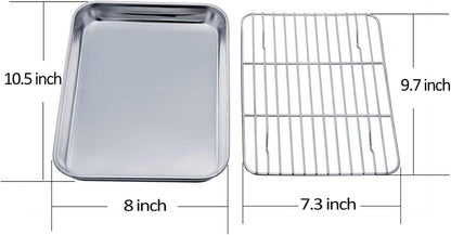 TeamFar Toaster Oven Pan Tray with Cooling Rack, Stainless Steel Toaster Ovenware Pan, Compact 8''x10''x1'', Healthy & Non Toxic, Rust Free & Easy Clean - Dishwasher Safe