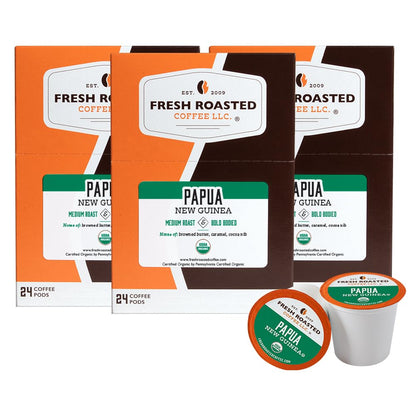 Fresh Roasted Coffee, Organic Papua New Guinea | USDA Organic, 100% Single Origin, Kosher | Medium Roast 72 Pods for K Cup Brewers