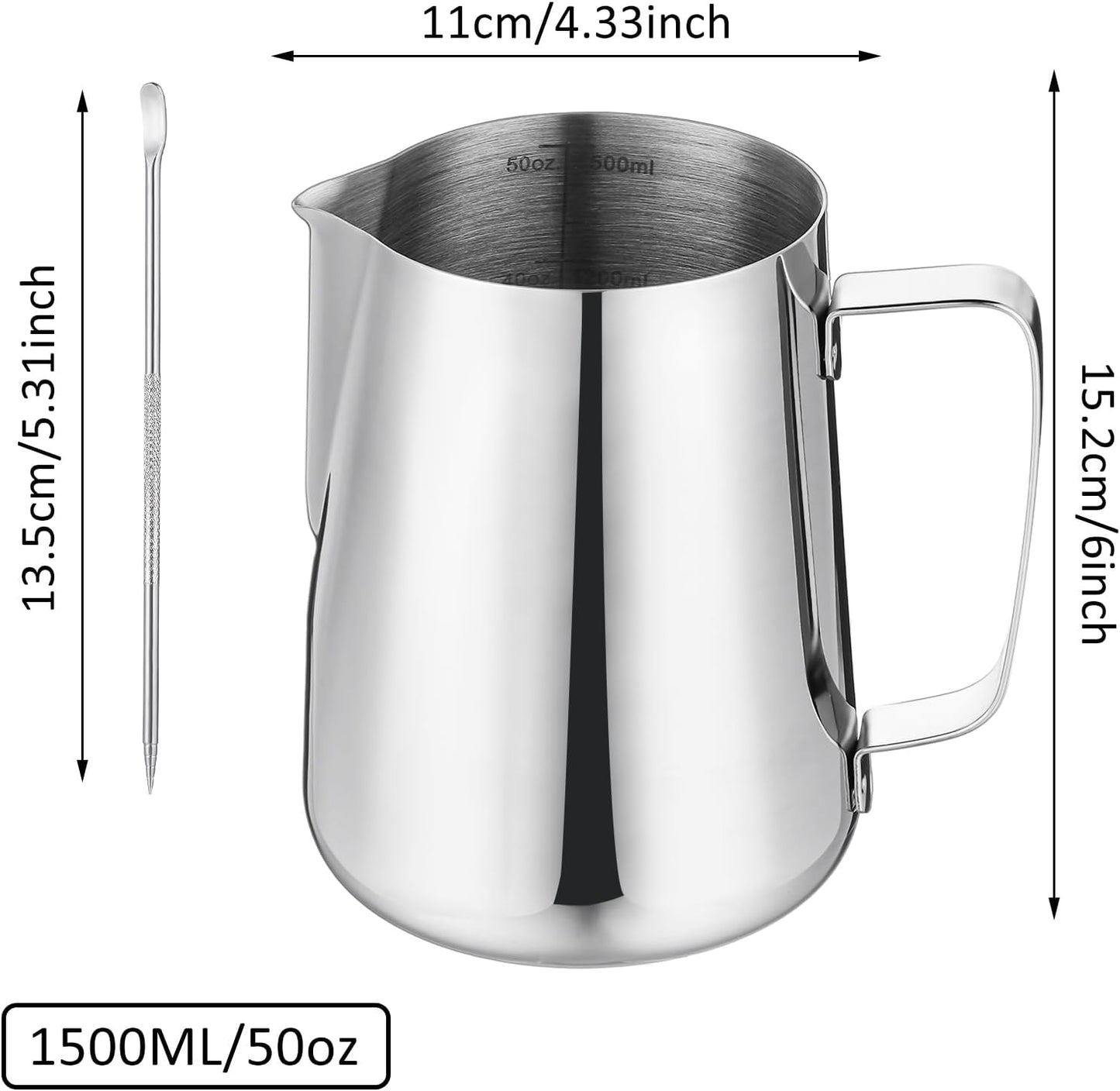 Milk Frothing Pitcher 50oz/1500ML- Espresso Steaming Pitcher Stainless Steel Milk Frothing Pitcher Cappuccino Latte Art Coffee Machine Accessories Milk Jug Milk Frother Cup