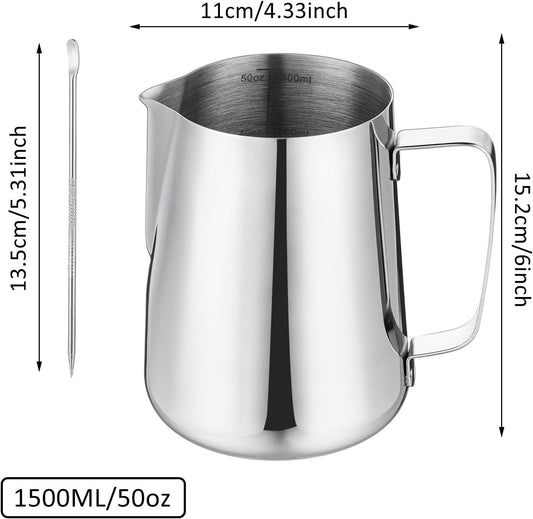 Milk Frothing Pitcher 50oz/1500ML- Espresso Steaming Pitcher Stainless Steel Milk Frothing Pitcher Cappuccino Latte Art Coffee Machine Accessories Milk Jug Milk Frother Cup