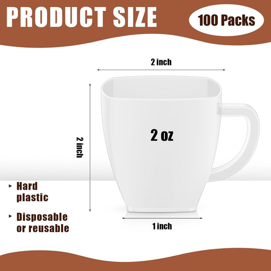 Amyhill 100 Pcs Disposable Tea Cups Mini Plastic Tea Cup Bulk with Handle Hard Plastic Coffee Mug Disposable Square Espresso Mug for Party Catering (White)