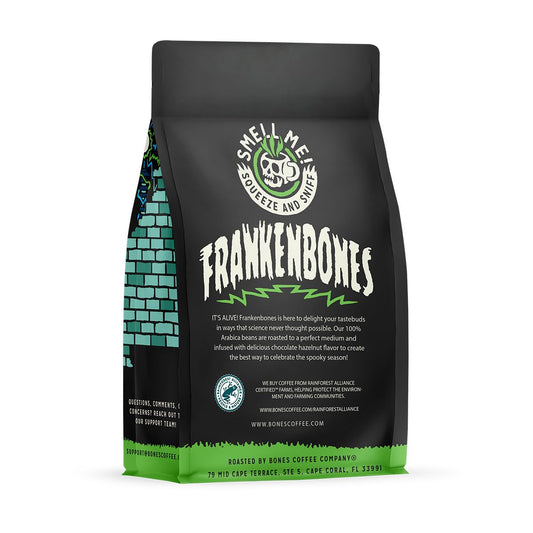 Bones Coffee Company Frankenbones Chocolate and Hazelnut Flavored Coffee, Medium Roast Low Acid Arabica Beans Compatible with Auto drip and French Press Coffee Maker, 12 Oz Whole Bean
