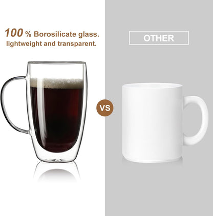 Aurzen 2 Pack Double Walled Glass Coffee Mugs with Handles, Large Insulated Layer Coffee Cups, 15oz Clear Borosilicate Mugs, Perfect for Cappuccino, Tea, Microwave Safe