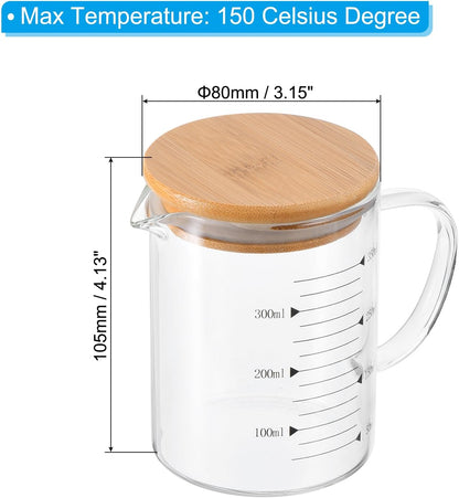 PATIKIL 350ml Glass Measuring Cup, 3.3 Borosilicate Glass Graduated Black Printed Scale Liquid Measure Cups Beaker with Wood Lid and V-Shaped Spout for Kitchen